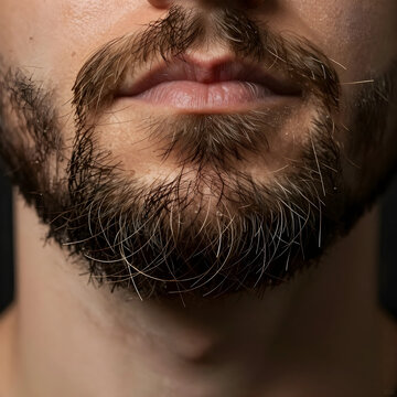 Close up of a mans wet beard and mustache with water droplets, facial hair grooming and hygiene concept, the detailed texture of the beard and skin is highlighted