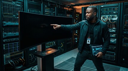 Fototapeta premium IT professional pointing at blank monitor in dark server room
