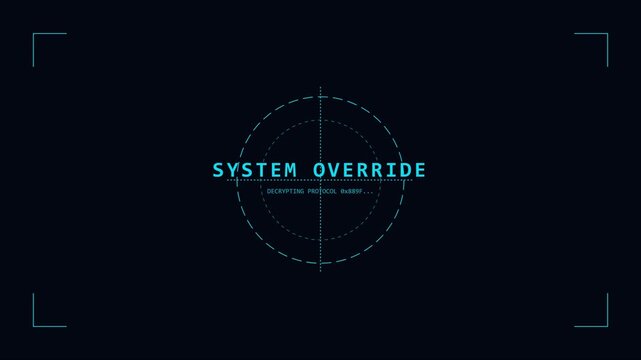 System override digital interface hud animation with decrypting protocol text 4k heads up display cyber security