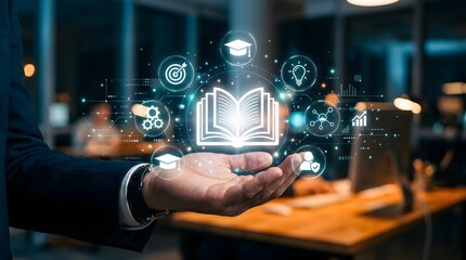 Fototapeta premium Digital Education and Online Learning Concept with Glowing Book Hologram in Hand