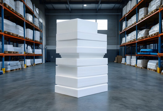 Stacked white foam insulation panels in a large industrial warehouse with storage racks and pallets in the background, Concepts of construction materials, thermal insulation