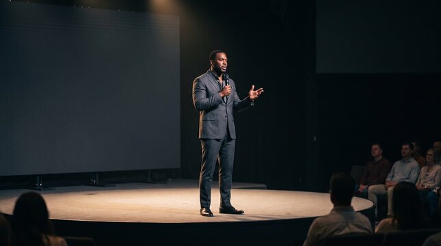 Hyperrealistic photo of a confident Black male executive in charcoal suit giving a TED-style keynote presentation on a modern stage, large dark screen behind him, dramatic spotlight lighting, small at