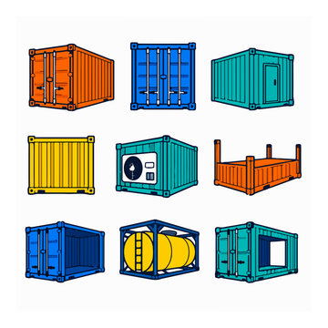 A vector icon set displays various colorful shipping containers on a white background.