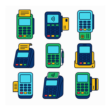A collection of colorful flat vector icons depicts various payment terminals and card.