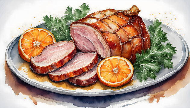 A savory glazed roasted ham with orange slices and fresh parsley on a platter
