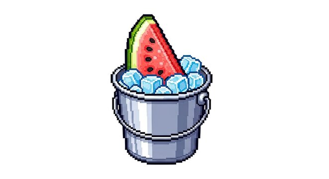 Pixel art watermelon slice chilled in a metal bucket with ice cubes for a summer treat