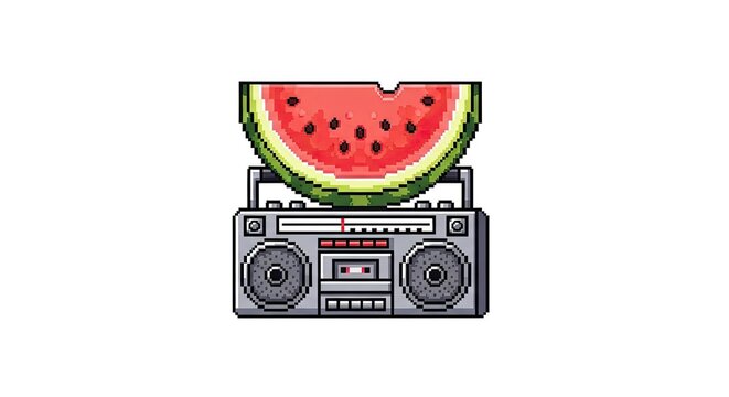 Pixel art boombox with a sliced watermelon on top isolated on white background for summer theme