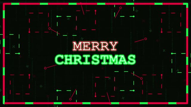 Retro digital 'Merry Christmas' greeting with vibrant glowing neon text. Festive glitch art holiday message in green and red on a dark background, featuring abstract circuit patterns