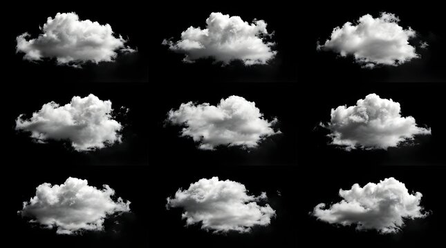 Set of Nine White Fluffy Cumulus Clouds Isolated on Black Background