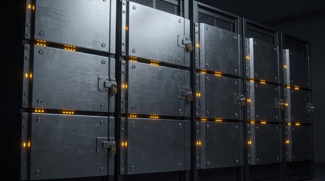 High-tech industrial metal lockers with glowing orange lights in dark secure storage facility