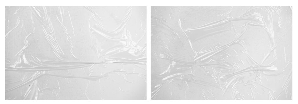 Crinkled, wrinkled, transparent plastic sheets, white background, texture, packaging material