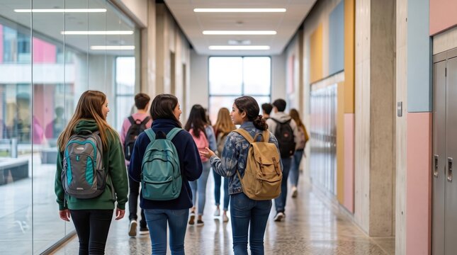 Group of teenage students with backpacks talking together in a bright modern high school corridor