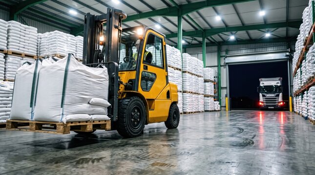 Forklift moving a bulk bag of agricultural fertilizer through a large industrial warehouse