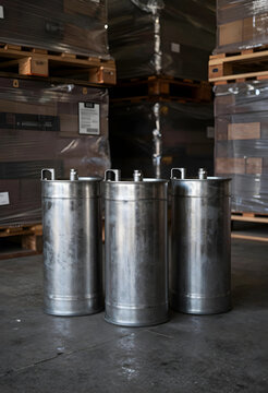 Three stainless steel industrial containers on a concrete floor in a warehouse with Stacked pallets in the background, Stacked pallets wrapped in plastic are visible in the blurred background