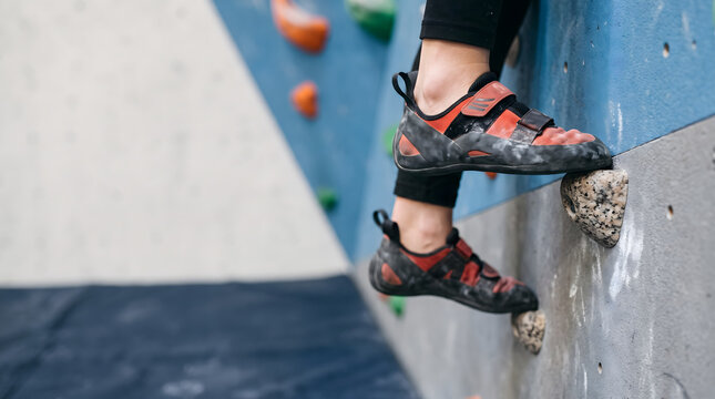 Climber wearing shoes on indoor climbing wall