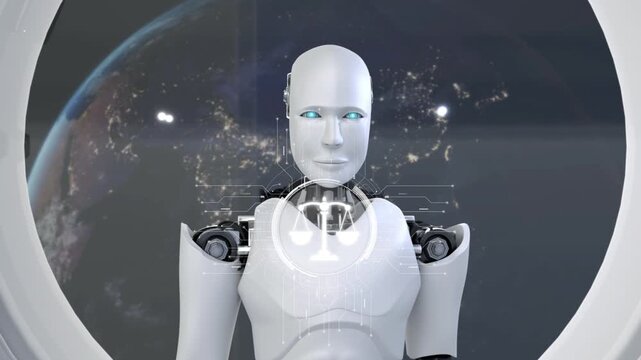A sleek humanoid robot presents a symbol of justice, surrounded by a cosmic view of Earth, symbolizing the intersection of technology and ethics in our future. Synapse