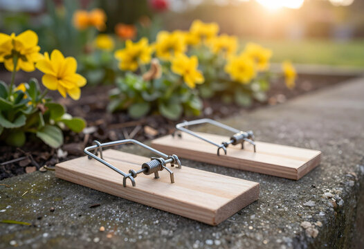 Two wooden mousetraps on a concrete ledge near Yellow flowers in a garden at sunset, pest control