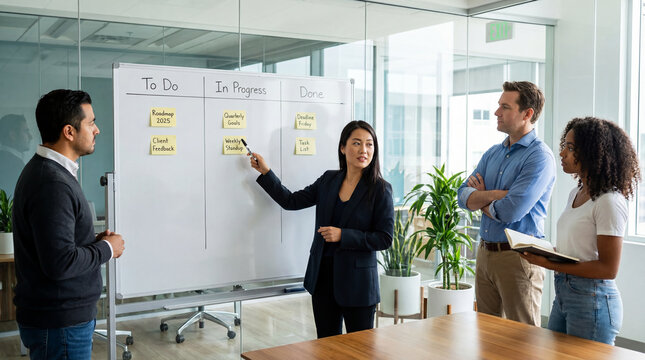 Multiracial business team reviewing a project task board with roadmap, client feedback, quarterly goals, weekly standup and deadlines in a modern office
