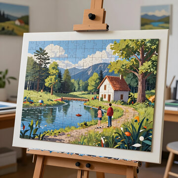 Completed landscape jigsaw puzzle on an easel, a serene countryside scene with a house by a river and mountains