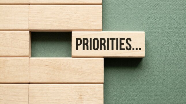 Wooden block puzzle with a block text PRIORITIES pulling out, metaphor for sorting priorities, goal setting and task management concept