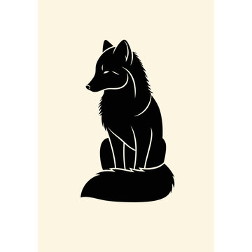 Silhouette of a sitting black wolf with pointed ears and bushy tail