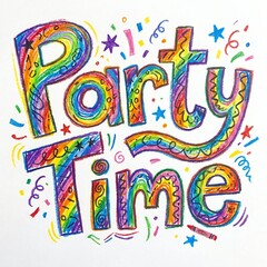 Fototapeta premium Colorful rainbow party time lettering with confetti and celebration sparkles for festive events 