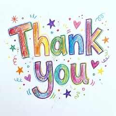 Fototapeta premium Hand drawn colorful Thank You text with stars and hearts on white background 
