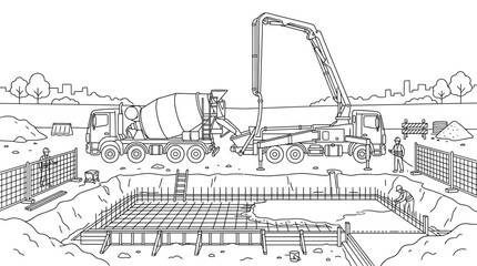 Fototapeta premium Construction site line art with concrete mixer and pump truck pouring foundation.