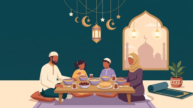 Family sharing iftar meal with lanterns during Ramadan