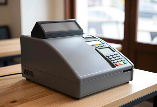 Gray point of sale terminal with customer display and keypad on a wooden counter in a retail store, this electronic device is used for processing transactions in retail stores and businesses