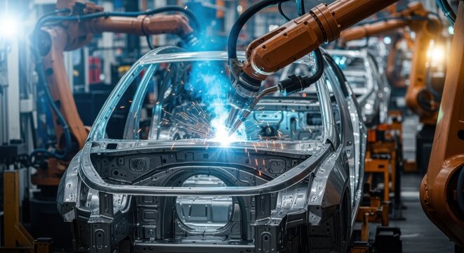 Engineering automation in car factory with robotic arm welding steel structures.