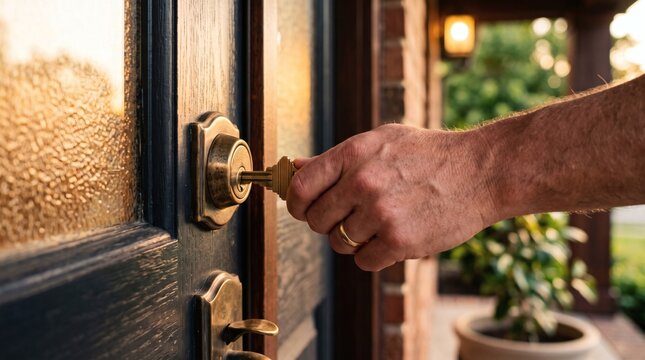 A person's hand with a wedding ring is seen inserting a key into the lock of a dark wooden door with a textured glass panel, bathed in warm, golden sunlight.