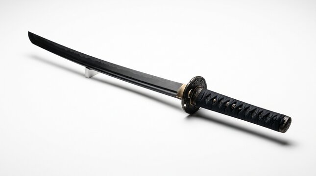 Elegant black katana sword displayed on a clean white background showcasing traditional Japanese craftsmanship and martial arts history