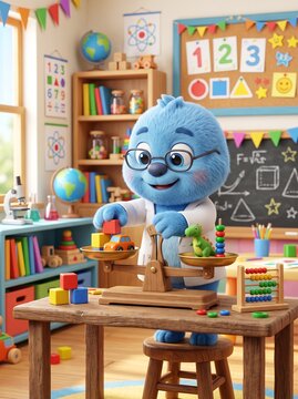 Blue teddy bear sitting on a cluttered child's playroom desk.