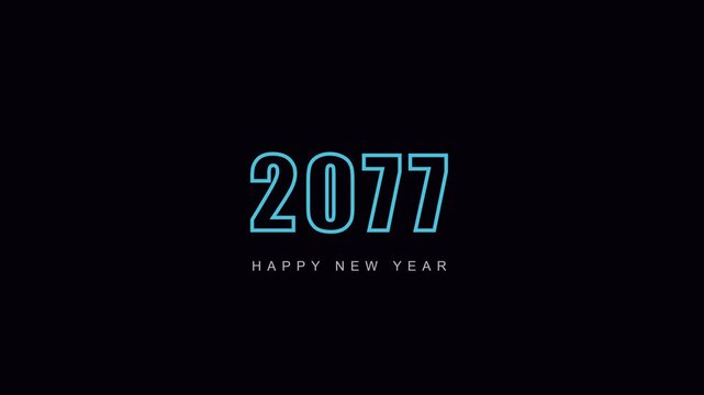 2077 happy new year neon text animation, futuristic cyberpunk style greeting card motion 4k