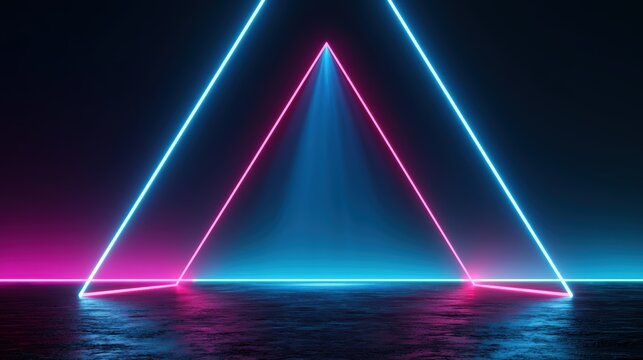 3d technology abstract neon light background, empty space scene, spotlight, dark night, virtual reality, cyber futuristic sci-fi background, street floor studio for mock up. colored geometric