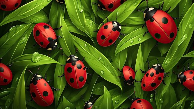Close-up of numerous ladybugs crawling on lush green grass blades with water droplets.