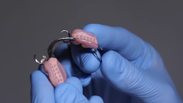 Close-up of a gloved hand holding a dental prosthesis featuring a pink base and metal clasps, showcasing the intricate details of the dental device in a neutral background setting
