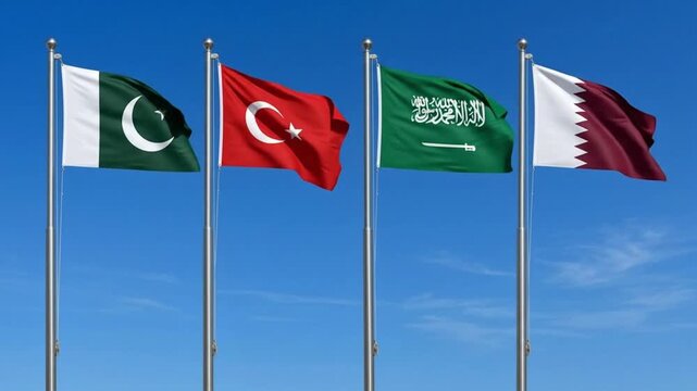 Pakistan Turkey Saudi Arabia Qatar Flags Flying Together