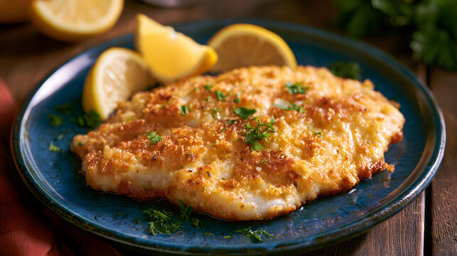 Breaded flounder accompanied by lemon on a blue plate, prepared homestyle with herbs