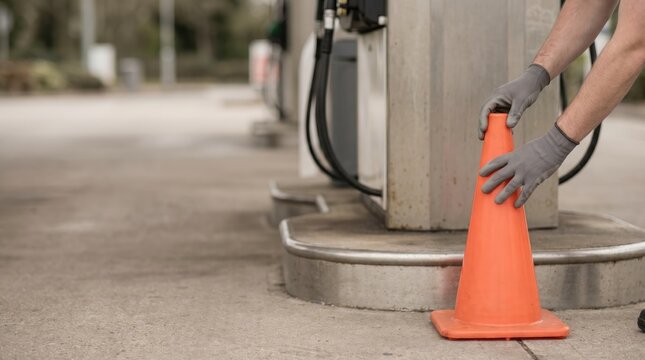 Person sets orange cone beside gas station pump