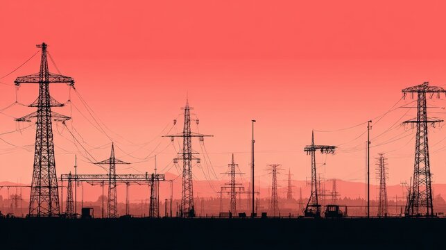 Electricity transmission towers with orange glowing wires the starry night sky. Energy infrastructure concept, energy, electricity, voltage, supply, pylon, technology
