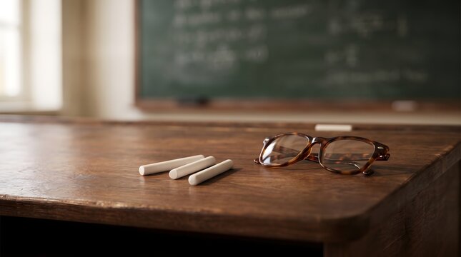 Vintage Wooden Teacher Desk with Chalk and Eyeglasses in an Empty Classroom Setting with Chalkboard Background Representing Traditional Education