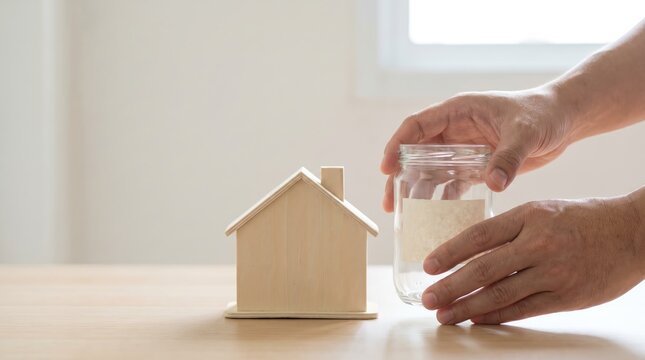 Person saving money for home by placing powder in jar beside house model