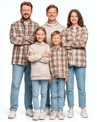Fototapeta premium A happy family of five standing together and smiling in casual clothes on a white background