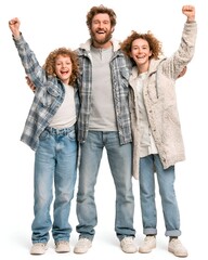 Obraz premium Joyful family with father, son, and daughter celebrating with raised fists