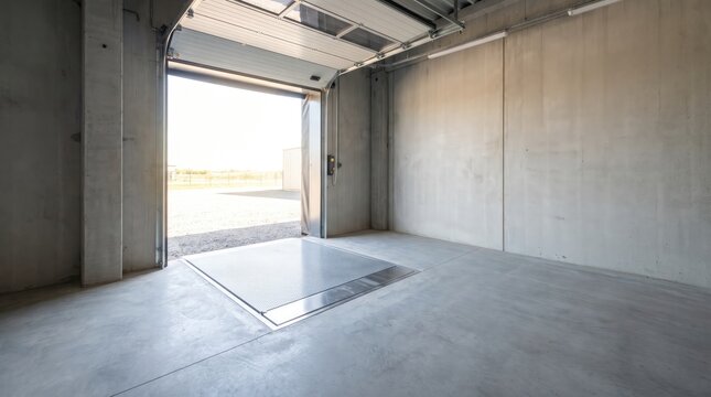 Empty industrial garage with concrete walls and floor