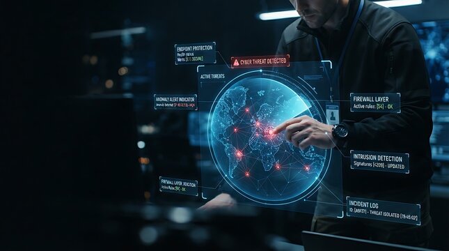 Security analyst interacting with holographic threat detection radar interface for enterprise network security monitoring and real-time cyber attack prevention solutions.
