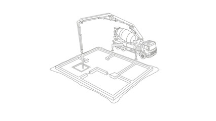 Fototapeta premium Concrete Pump Truck Pouring House Foundation Isometric Line Art Illustration