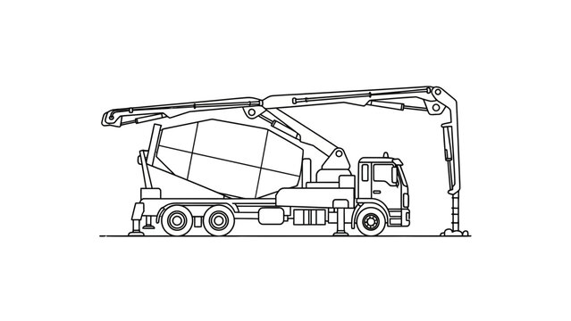 Concrete mixer pump truck line art illustration for construction design